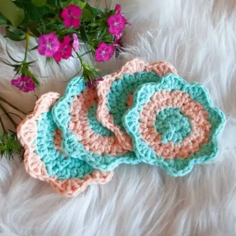 A finished coaster set from leftover yarns